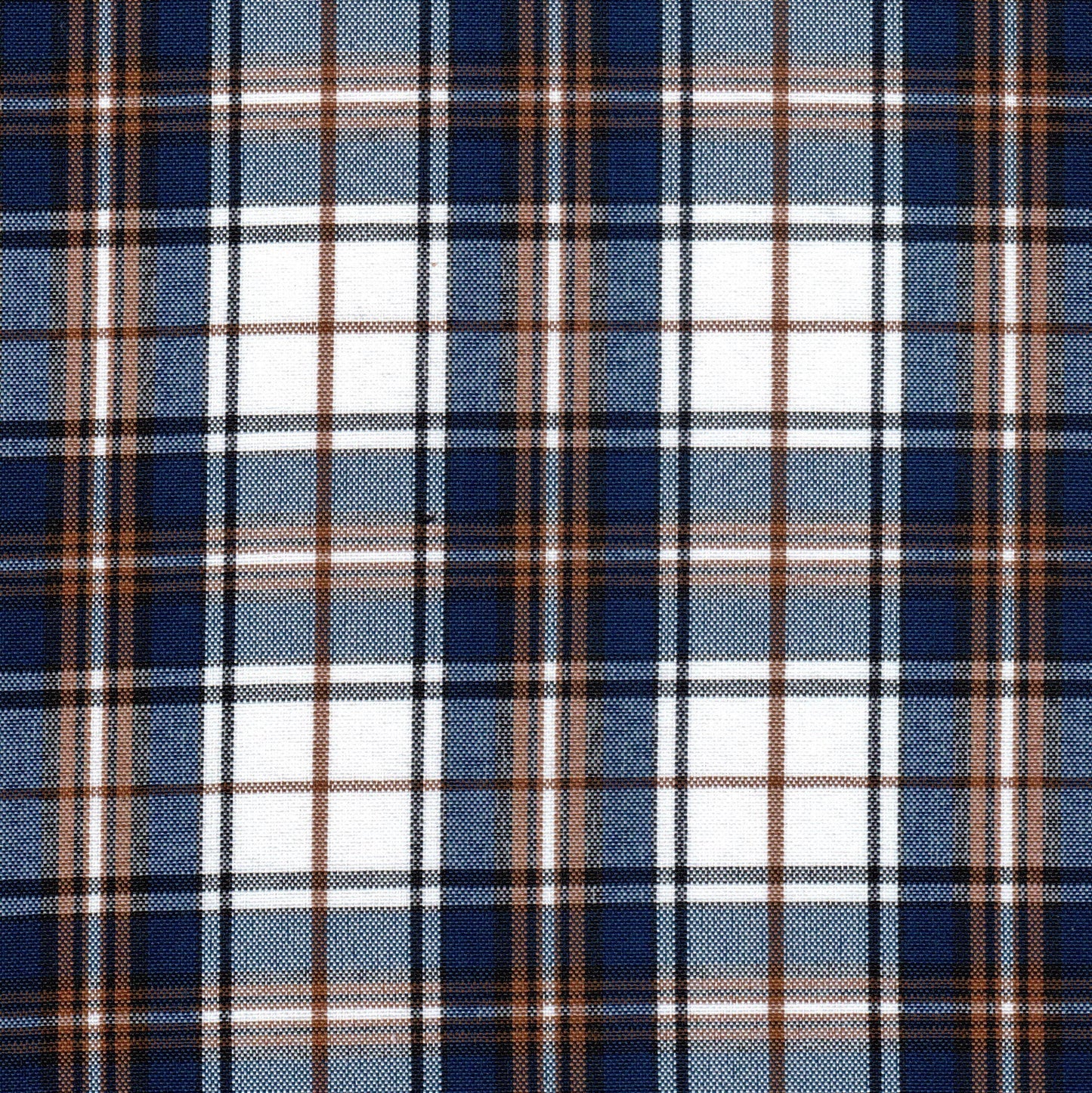Tela escocesa de poliéster SchoolLine en cuadros azul marino, blanco y marrón, apta para uniformes escolares e institucionales.