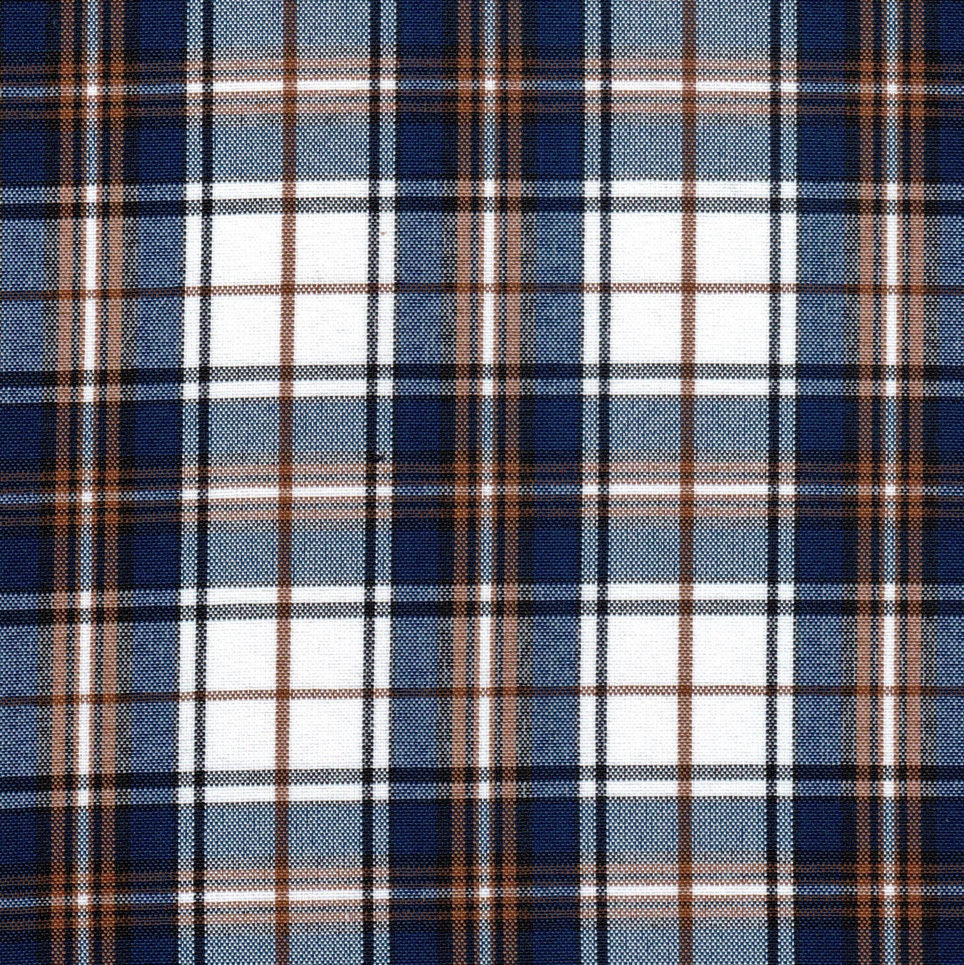 Tela escocesa de poliéster SchoolLine en cuadros azul marino, blanco y marrón, apta para uniformes escolares e institucionales.