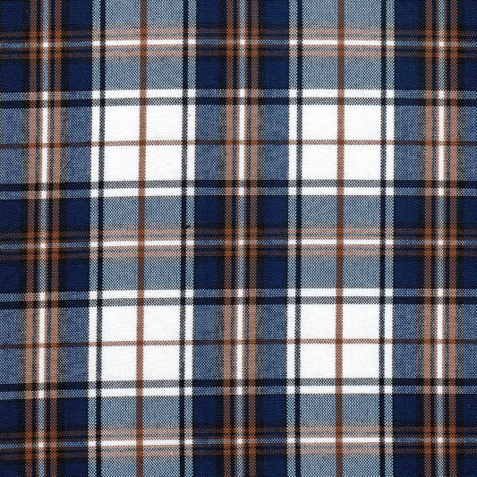 Tela escocesa de poliéster SchoolLine en cuadros azul marino, blanco y marrón, apta para uniformes escolares e institucionales.
