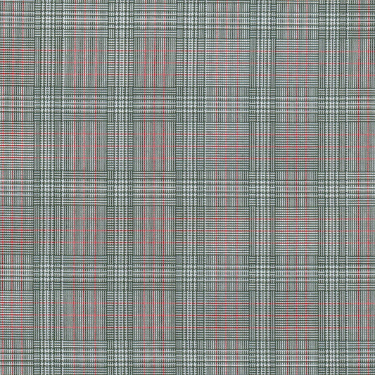Tela escocesa de poliéster SchoolLine gris con cuadros y líneas rojas, ideal para uniformes escolares e institucionales.
