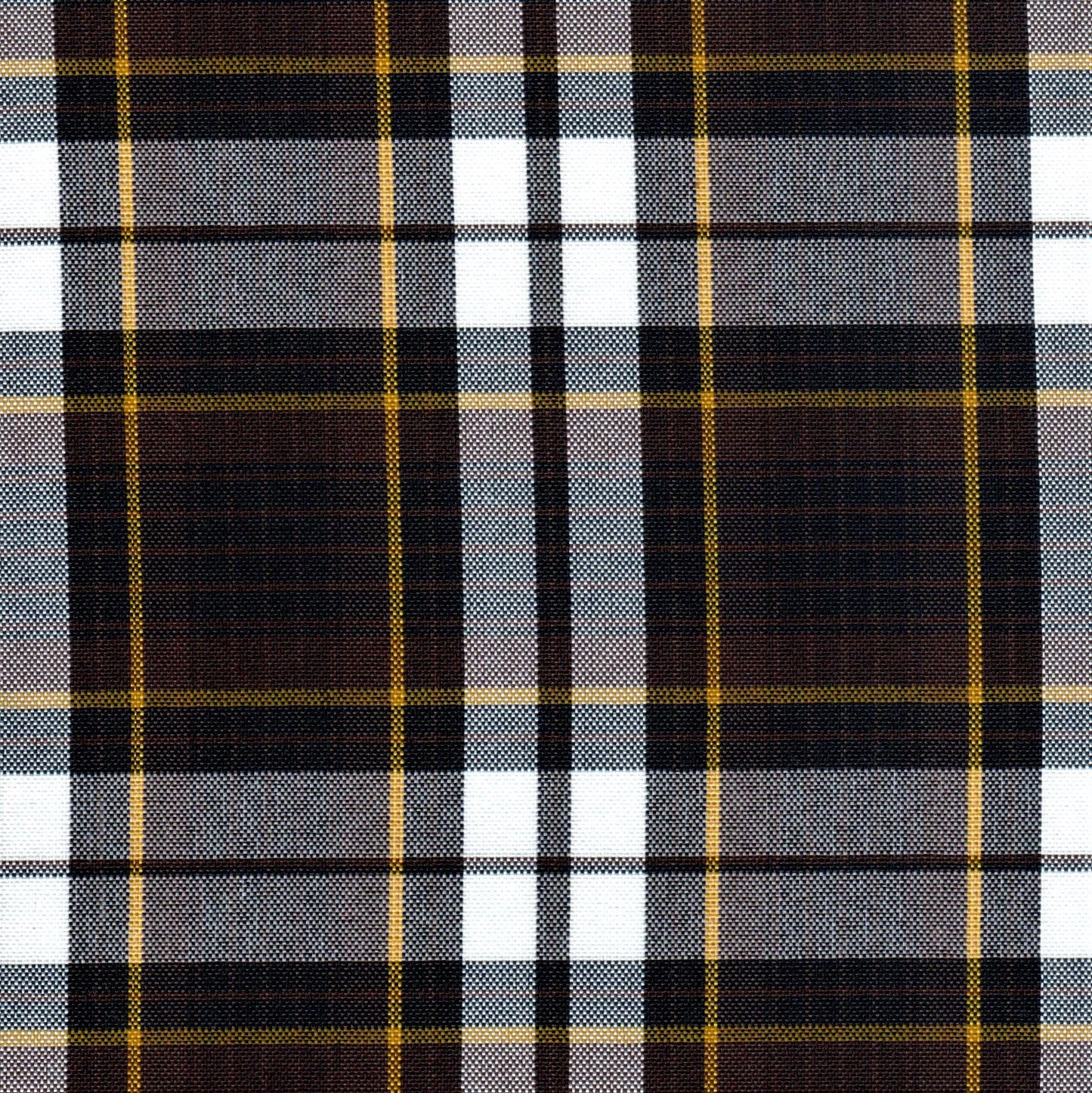 Tela escocesa de poliéster SchoolLine, tartán en negro, gris y blanco con líneas amarillas; ideal para uniformes escolares e institucionales.