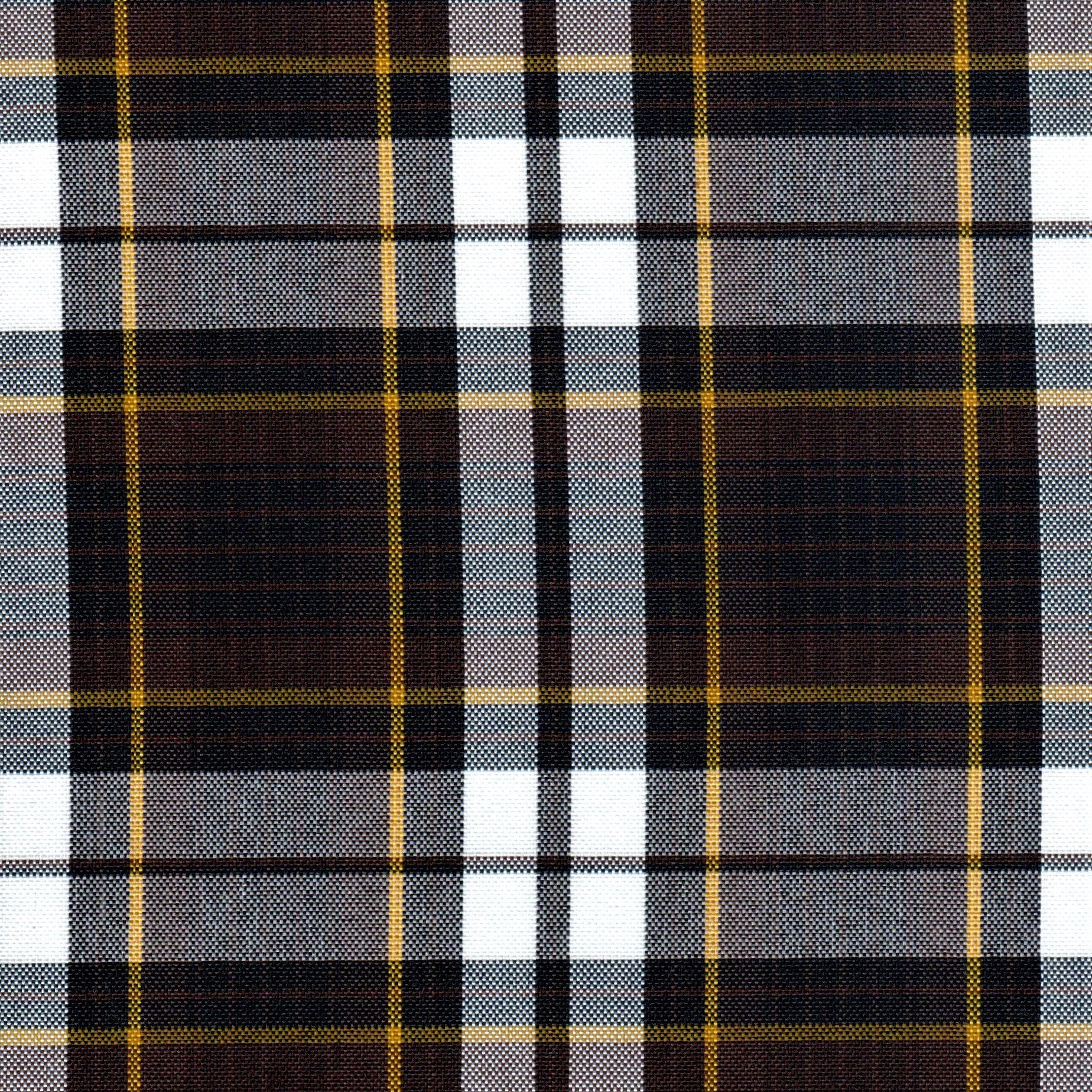 Tela escocesa de poliéster SchoolLine, tartán en negro, gris y blanco con líneas amarillas; ideal para uniformes escolares e institucionales.