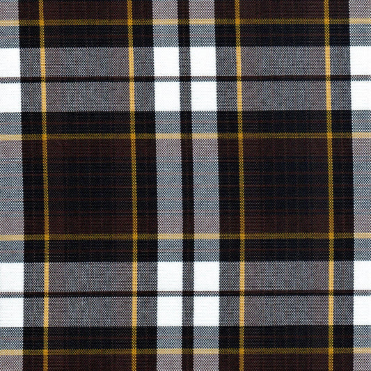 Tela escocesa de poliéster SchoolLine, tartán en negro, gris y blanco con líneas amarillas; ideal para uniformes escolares e institucionales.