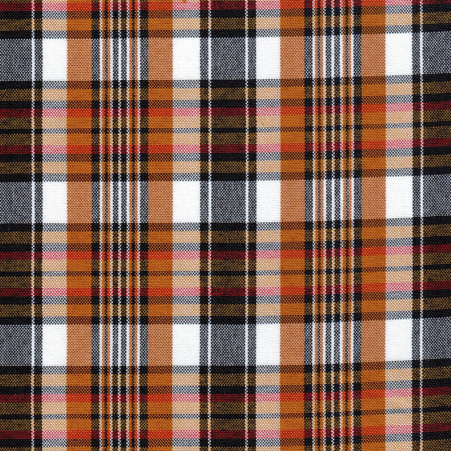 Tela escocesa de poliéster SchoolLine: tartán naranja, negro y beige para uniformes escolares e institucionales.