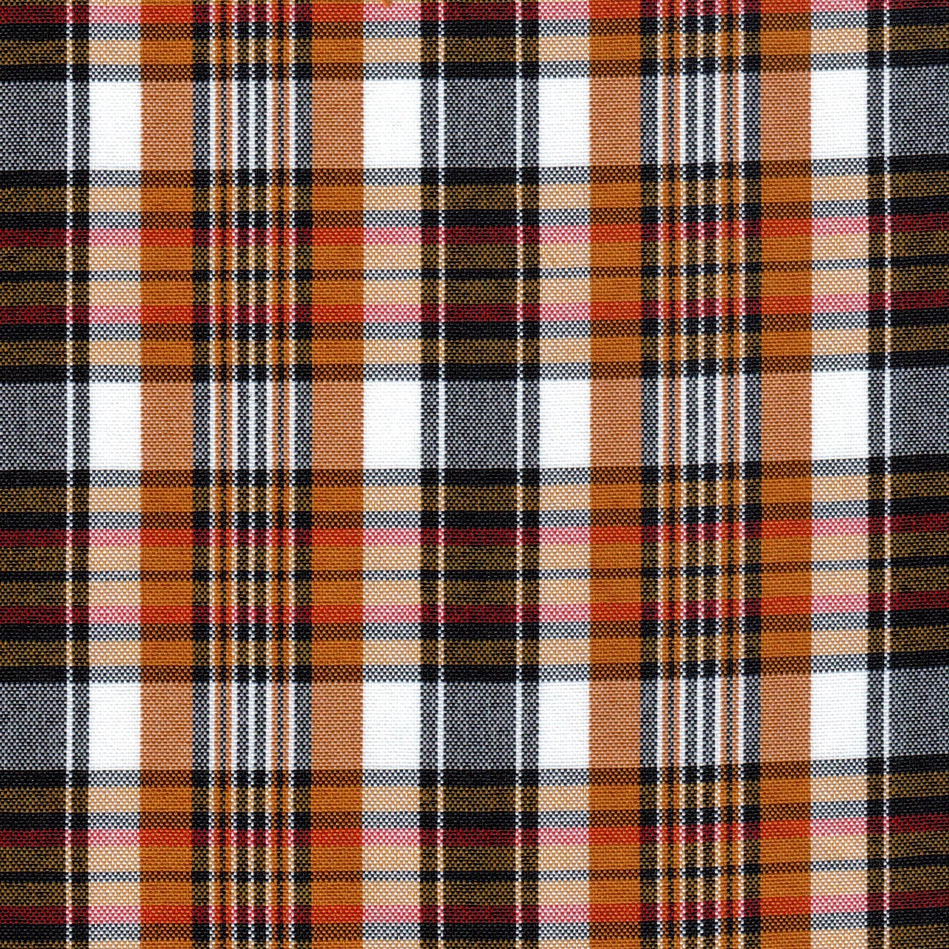 Tela escocesa de poliéster SchoolLine: tartán naranja, negro y beige para uniformes escolares e institucionales.