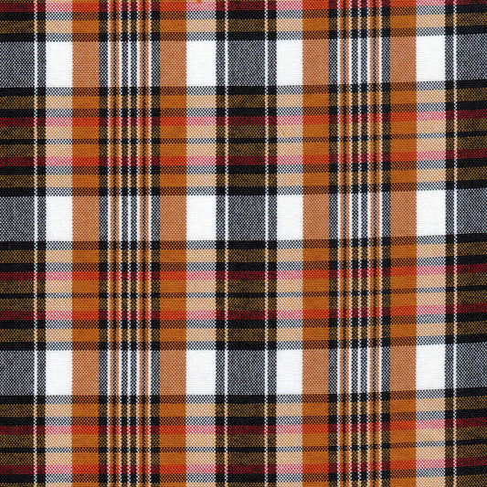 Tela escocesa de poliéster SchoolLine: tartán naranja, negro y beige para uniformes escolares e institucionales.