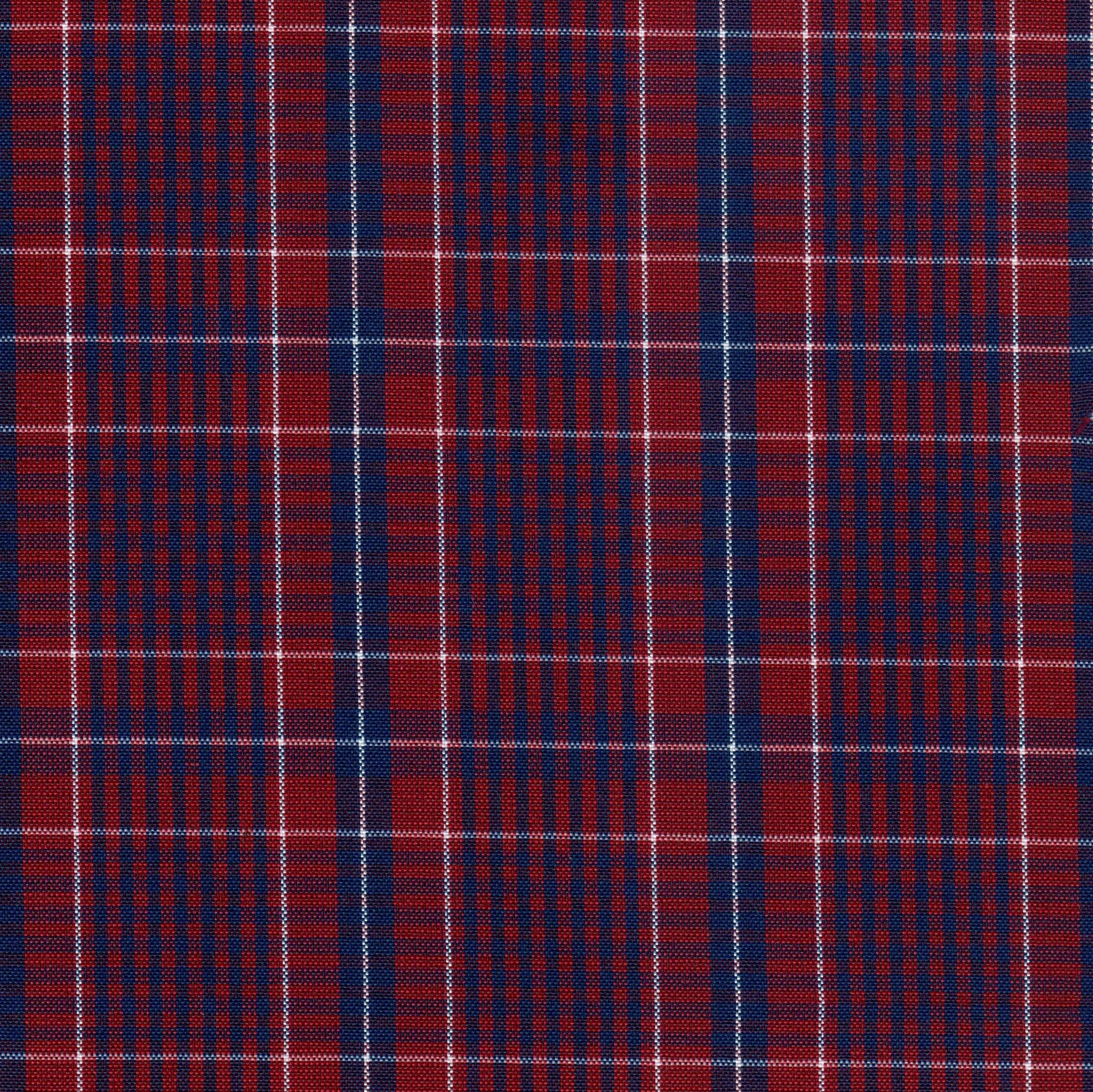 Tela escocesa de poliéster para uniforme, SchoolLine, rojo y azul con cuadros y líneas blancas.