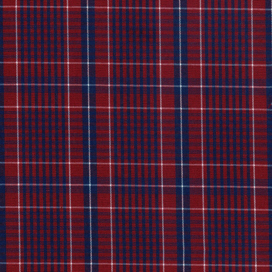 Tela escocesa de poliéster para uniforme, SchoolLine, rojo y azul con cuadros y líneas blancas.