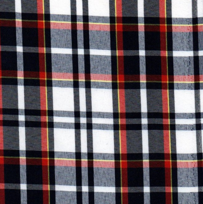 Tela escocesa de poliéster a cuadros rojo, negro y blanco con líneas amarillas; ideal para uniformes escolares e institucionales SchoolLine.