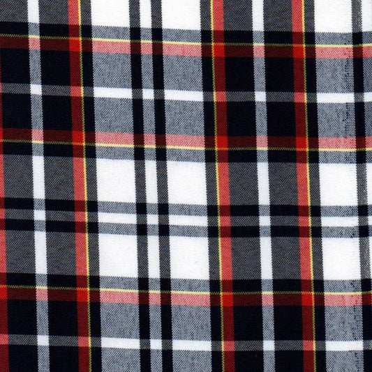 Tela escocesa de poliéster a cuadros rojo, negro y blanco con líneas amarillas; ideal para uniformes escolares e institucionales SchoolLine.