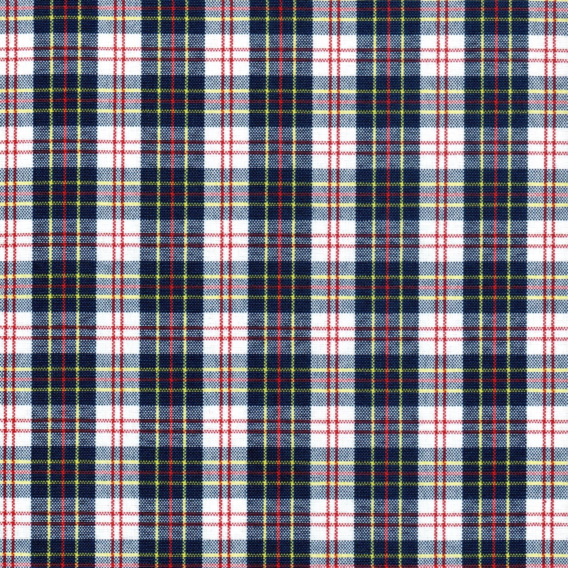 Tela escocesa de poliéster azul marino, blanco y rojo con líneas amarillas; para uniformes escolares de SchoolLine.