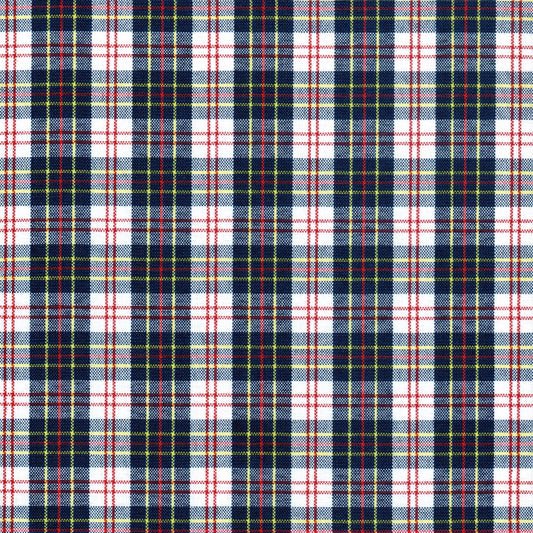 Tela escocesa de poliéster azul marino, blanco y rojo con líneas amarillas; para uniformes escolares de SchoolLine.