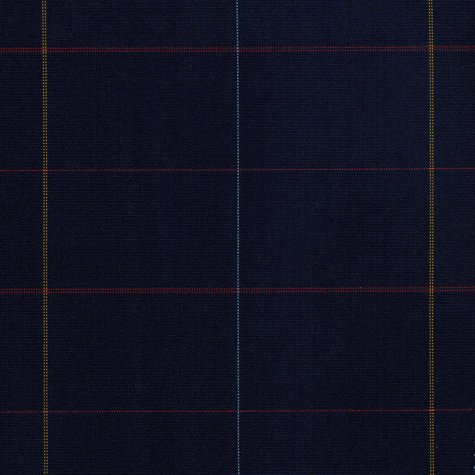 Tela escocesa de poliéster azul marino con plaid de líneas azules, rojas y amarillas; ideal para uniformes escolares SchoolLine