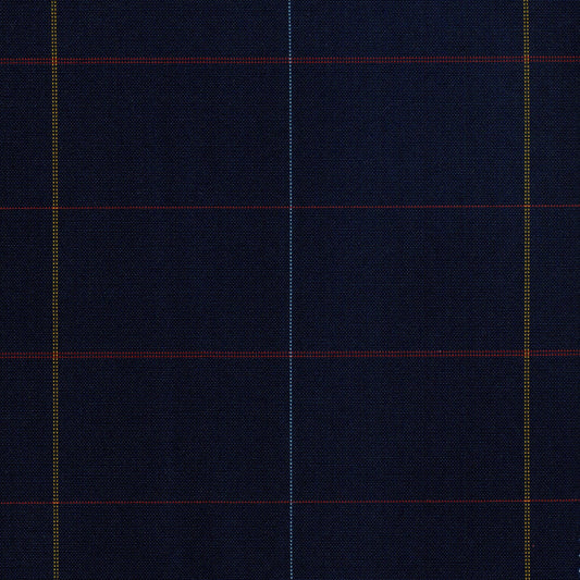 Tela escocesa de poliéster azul marino con plaid de líneas azules, rojas y amarillas; ideal para uniformes escolares SchoolLine