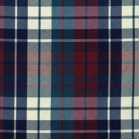 Tela escocesa de poliéster SchoolLine en cuadros azul, rojo y blanco; ideal para uniformes escolares.