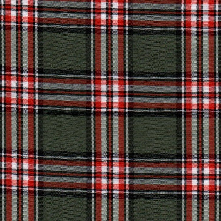 Tela escocesa de poliéster en verde oliva con cuadros rojo, negro y blanco; ideal para uniformes escolares SchoolLine.