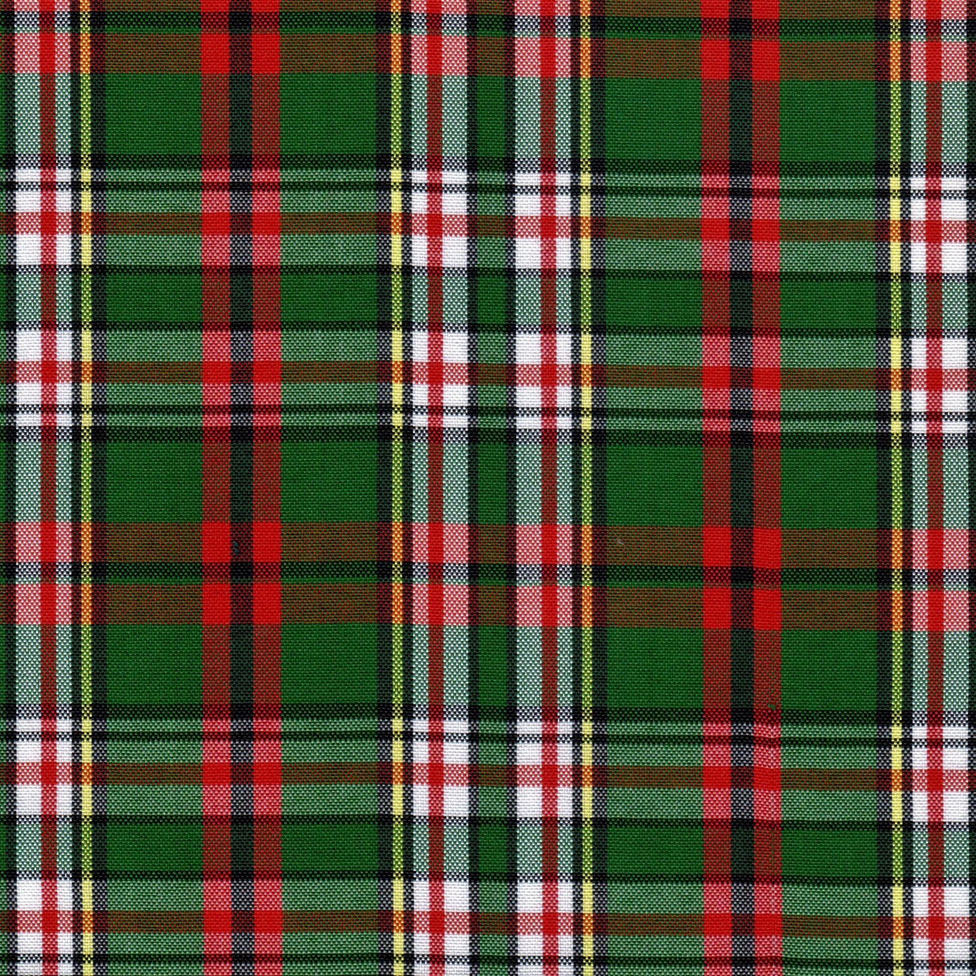 Tela escocesa de poliéster SchoolLine en verde, rojo, negro y blanco con tartán; ideal para uniformes escolares e institucionales.