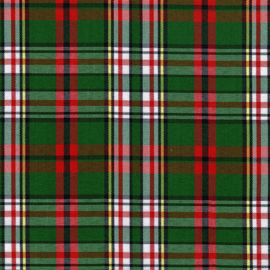 Tela escocesa de poliéster SchoolLine en verde, rojo, negro y blanco con tartán; ideal para uniformes escolares e institucionales.