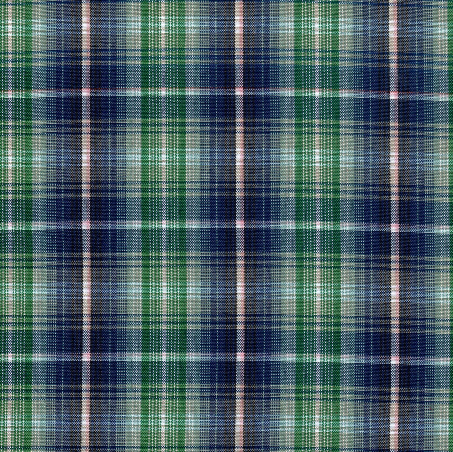 Tela escocesa de poliéster SchoolLine, tartán azul/verde con líneas rosas, ideal para uniformes escolares e institucionales.