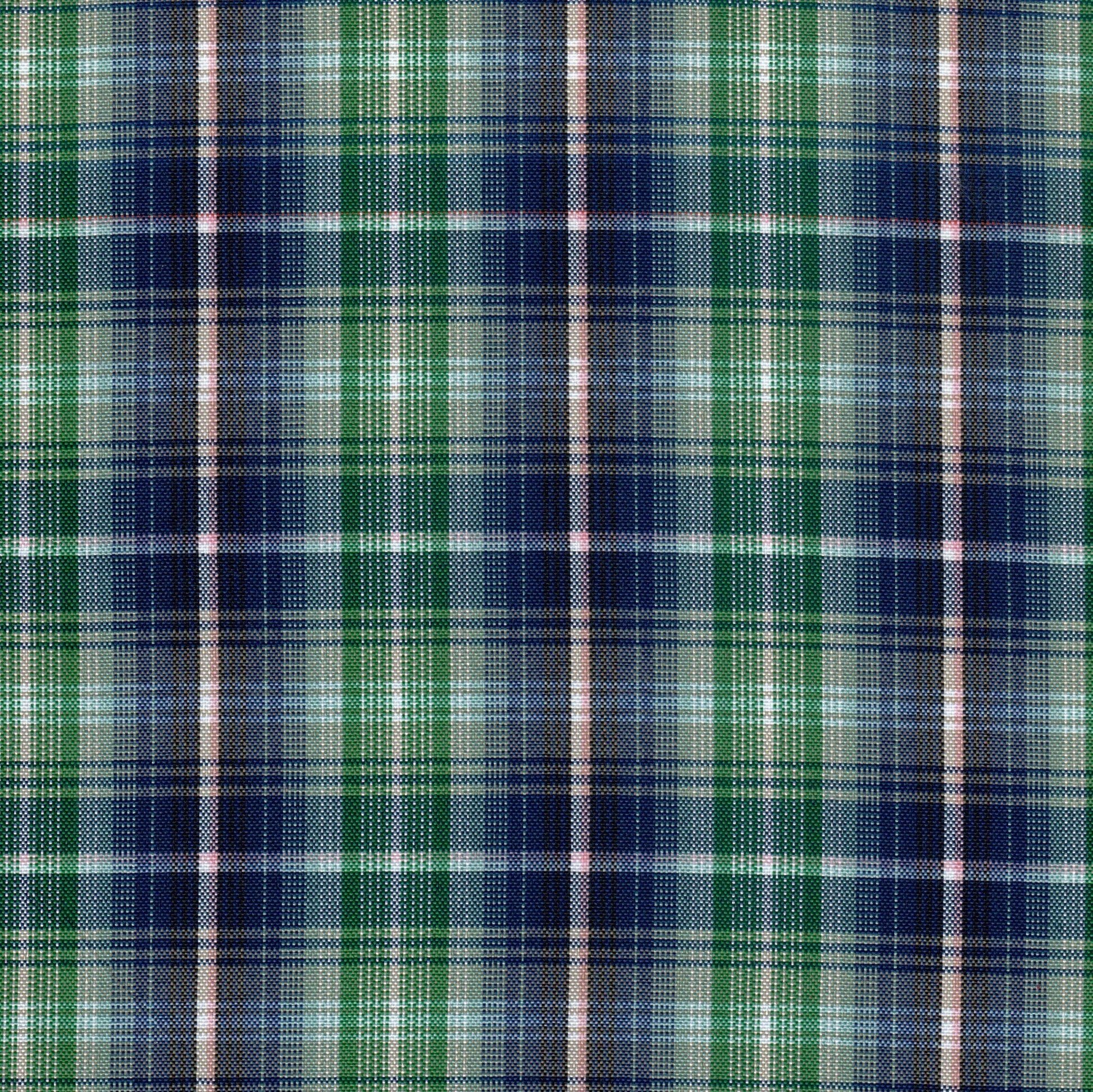 Tela escocesa de poliéster SchoolLine, tartán azul/verde con líneas rosas, ideal para uniformes escolares e institucionales.