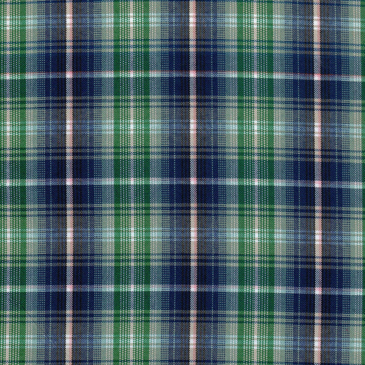 Tela escocesa de poliéster SchoolLine, tartán azul/verde con líneas rosas, ideal para uniformes escolares e institucionales.
