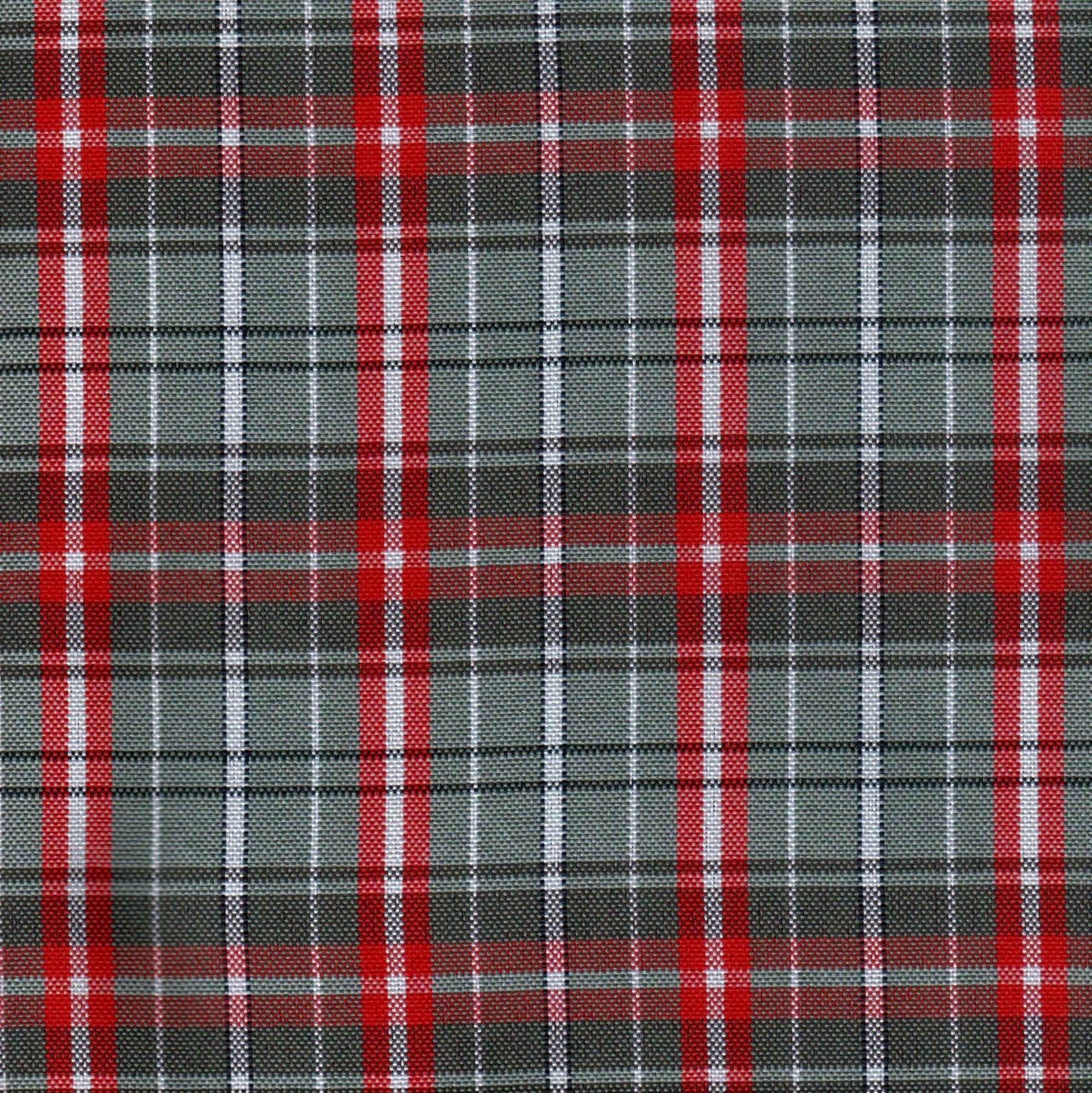 Tela escocesa de poliéster SchoolLine, plaid gris con líneas rojas y blancas para uniformes escolares e institucionales.
