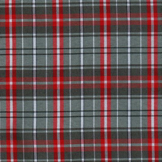 Tela escocesa de poliéster SchoolLine, plaid gris con líneas rojas y blancas para uniformes escolares e institucionales.