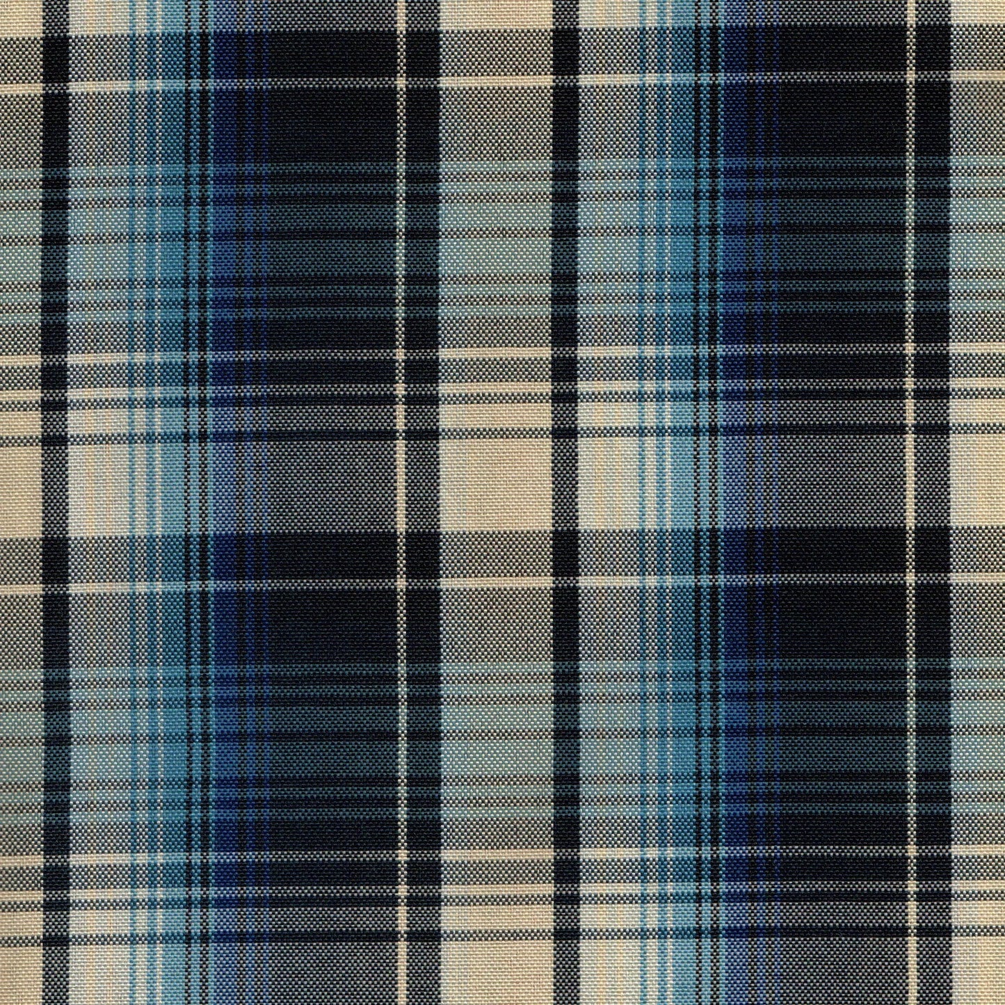 Tela escocesa de poliéster SchoolLine, tartán azul, negro y beige; ideal para uniformes escolares e institucionales.