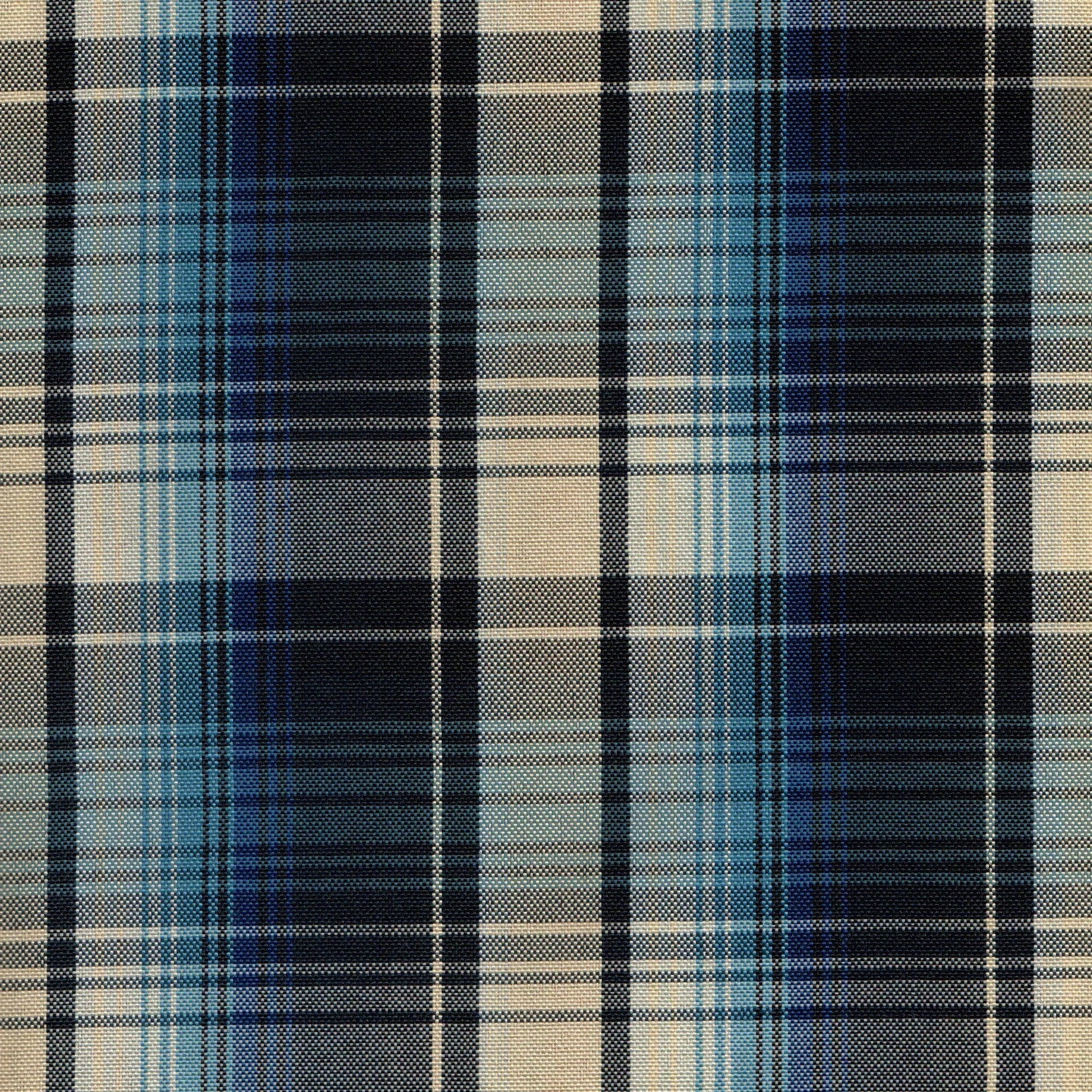 Tela escocesa de poliéster SchoolLine, tartán azul, negro y beige; ideal para uniformes escolares e institucionales.
