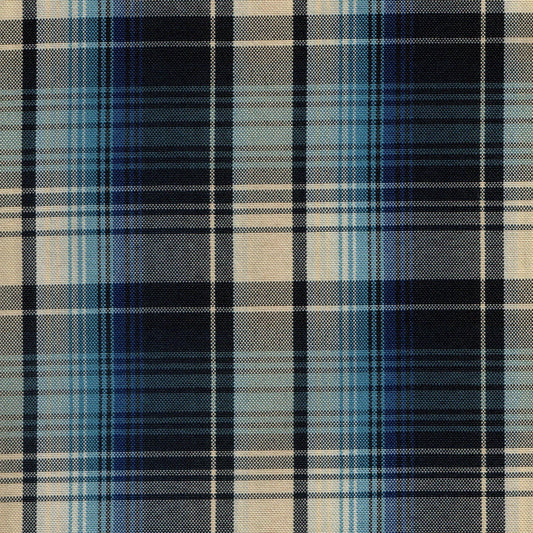 Tela escocesa de poliéster SchoolLine, tartán azul, negro y beige; ideal para uniformes escolares e institucionales.