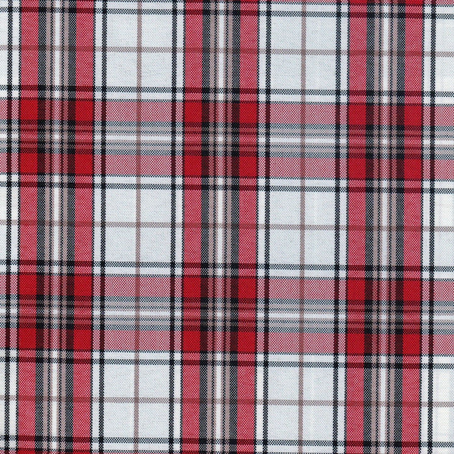 Tela escocesa de poliéster SchoolLine en tonos rojo, negro y blanco; ideal para uniformes escolares e institucionales.