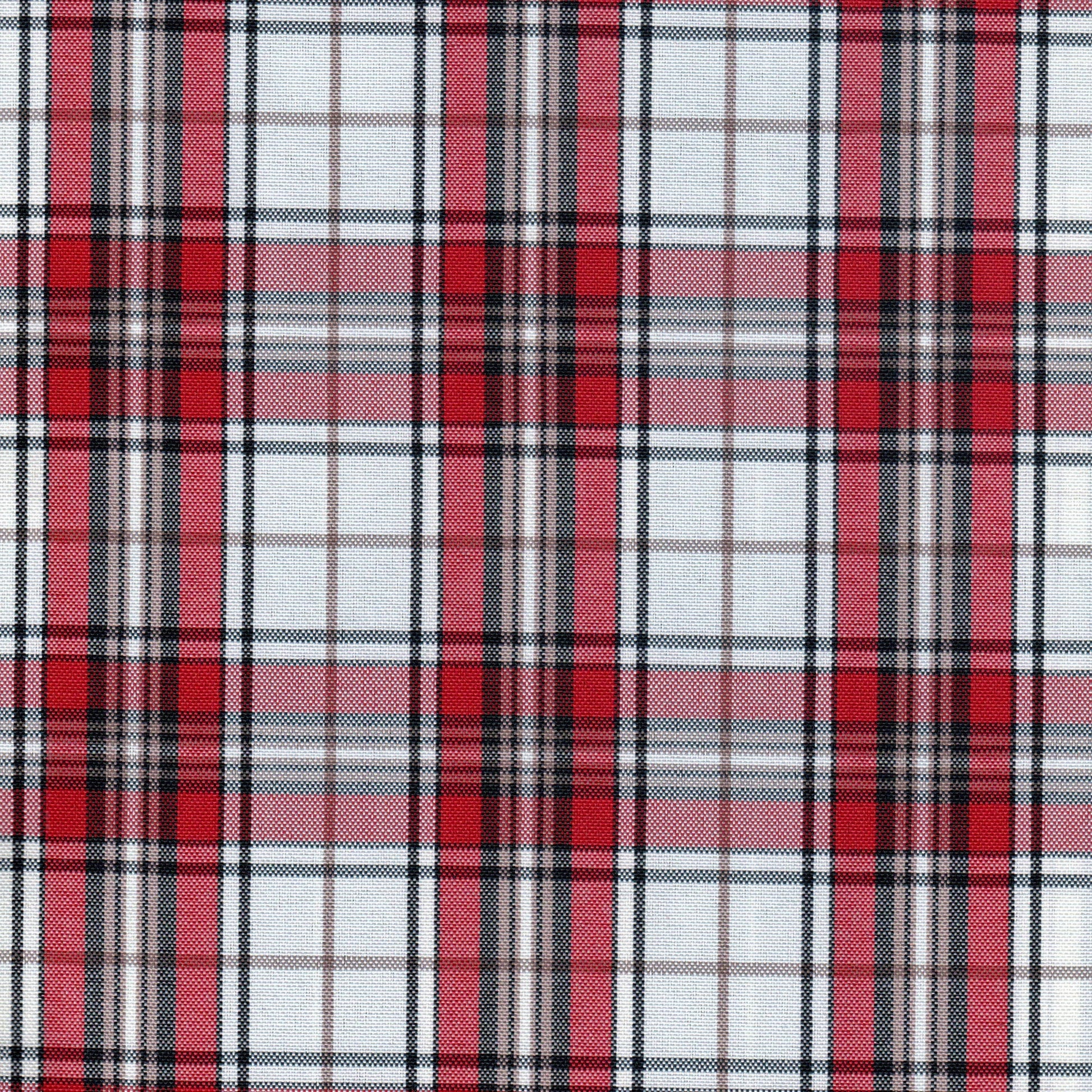 Tela escocesa de poliéster SchoolLine en tonos rojo, negro y blanco; ideal para uniformes escolares e institucionales.