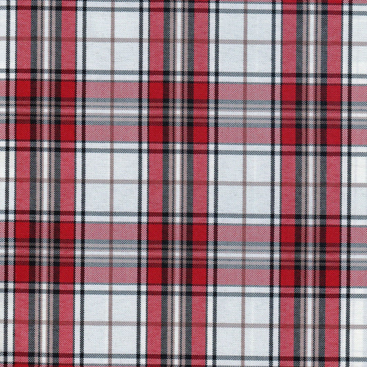 Tela escocesa de poliéster SchoolLine en tonos rojo, negro y blanco; ideal para uniformes escolares e institucionales.