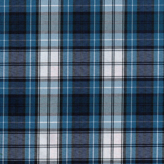 Tela escocesa de poliéster SchoolLine azul, negro y blanco; clásica para uniformes escolares e institucionales.
