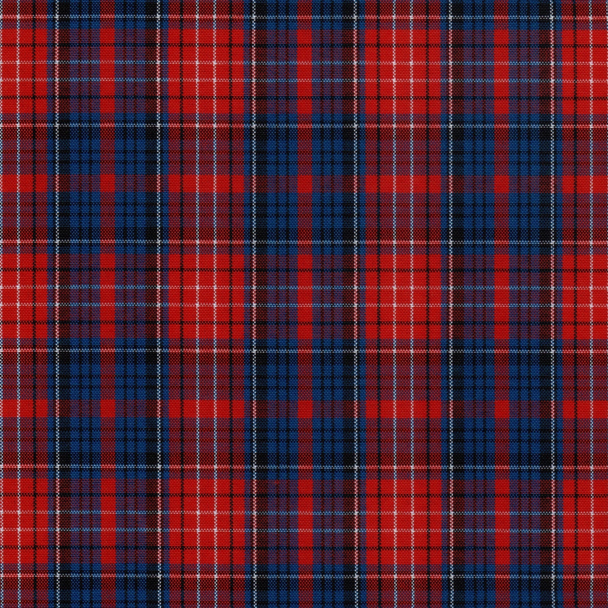 Tela escocesa de poliéster SchoolLine, tejido a cuadros rojo, azul y negro, ideal para uniformes escolares e institucionales.