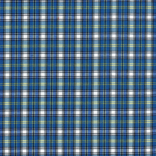 Tela escocesa de poliéster SchoolLine; azul y verde en cuadros blancos, ideal para uniformes escolares.