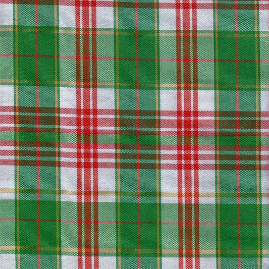Tela escocesa de poliéster SchoolLine en verde, rojo y blanco, diseño plaid; ideal para uniformes escolares e institucionales.