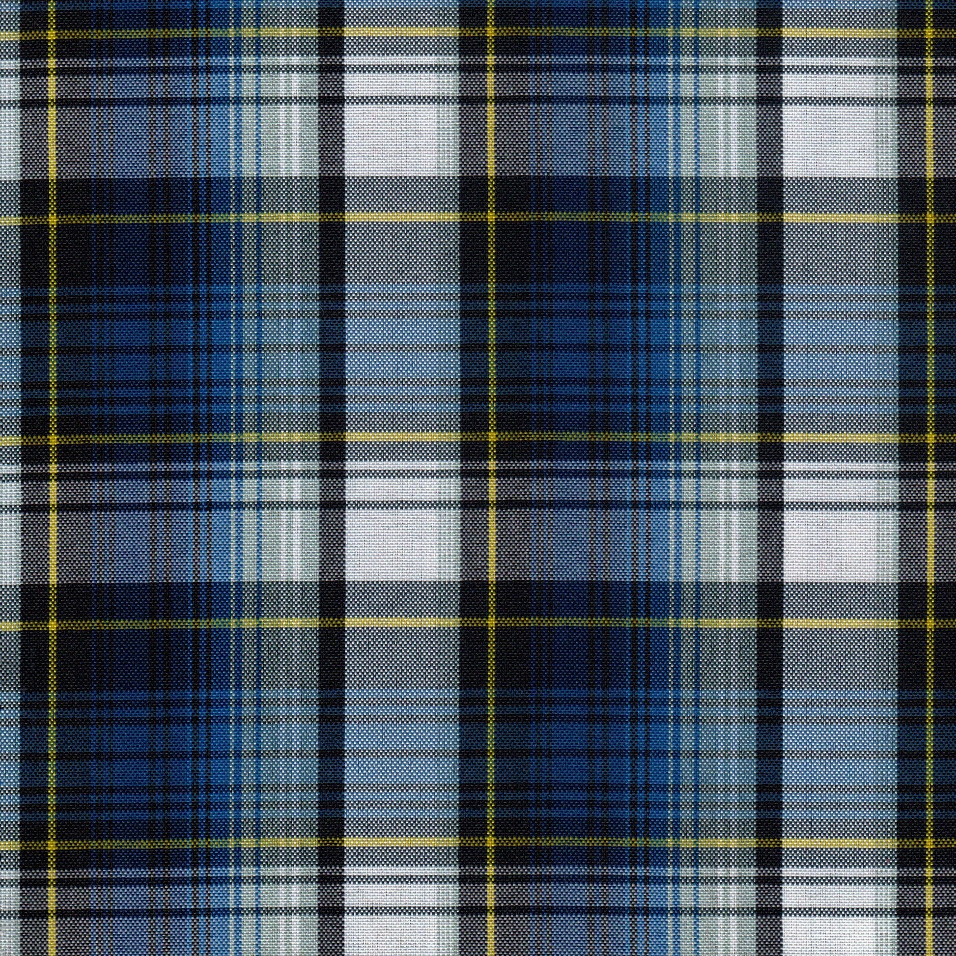 Tela escocesa de poliéster SchoolLine, azul marino con cuadros y líneas amarillas, perfecta para uniformes escolares e institucionales
