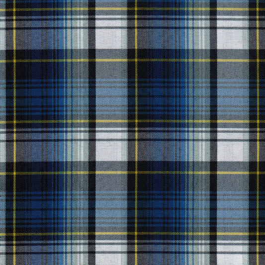 Tela escocesa de poliéster SchoolLine, azul marino con cuadros y líneas amarillas, perfecta para uniformes escolares e institucionales