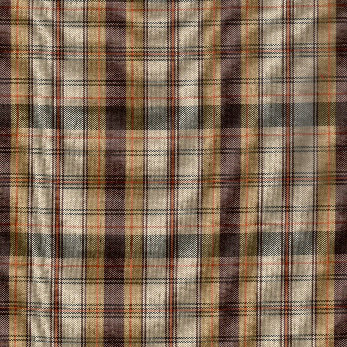 Tela escocesa de poliéster SchoolLine, marrón, verde y crema a cuadros, ideal para uniformes escolares.