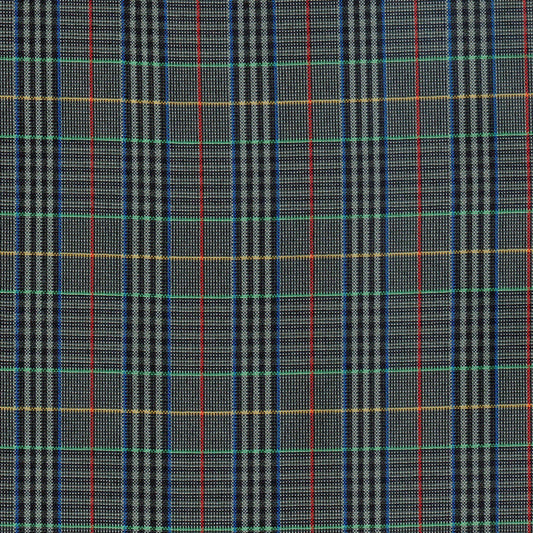 Tela escocesa de poliéster SchoolLine, tartán gris con líneas azules, rojas, verdes y amarillas; ideal para uniformes escolares.