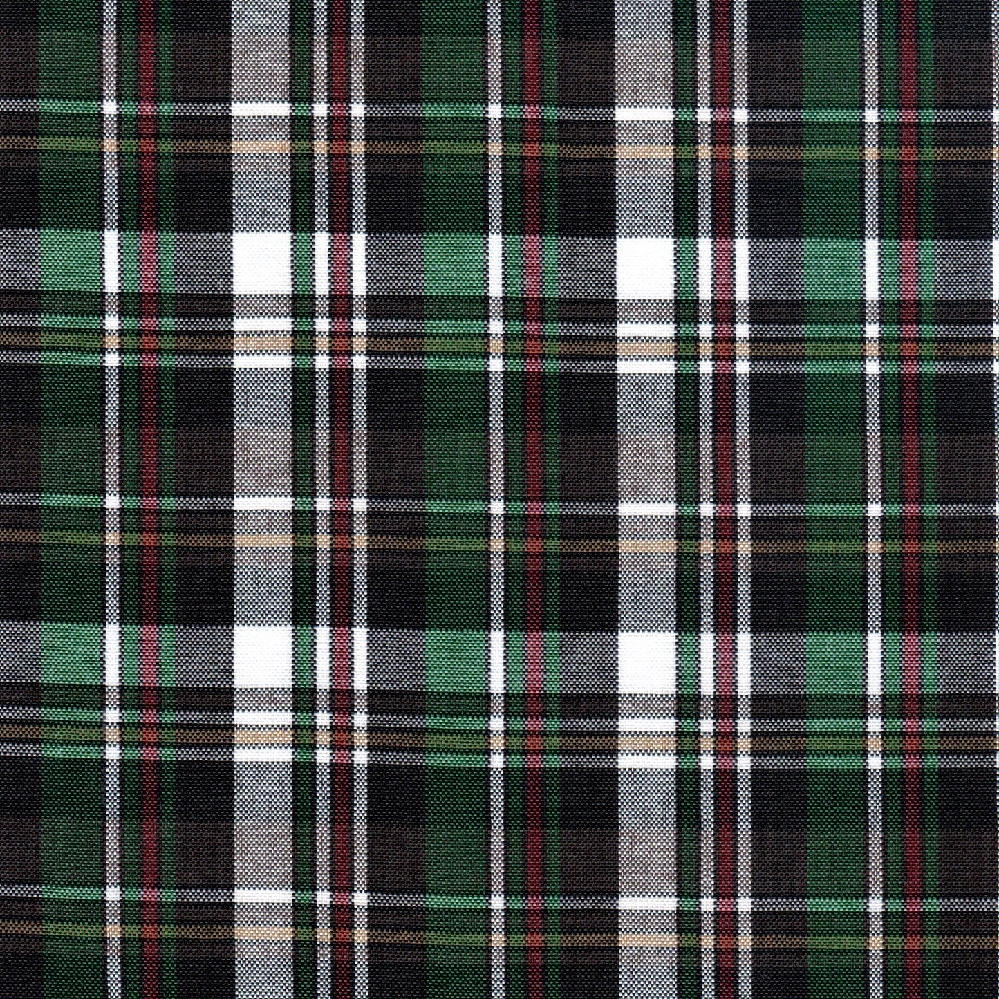 Tela escocesa de poliéster SchoolLine en verde, negro y rojo; ideal para uniformes escolares e institucionales.