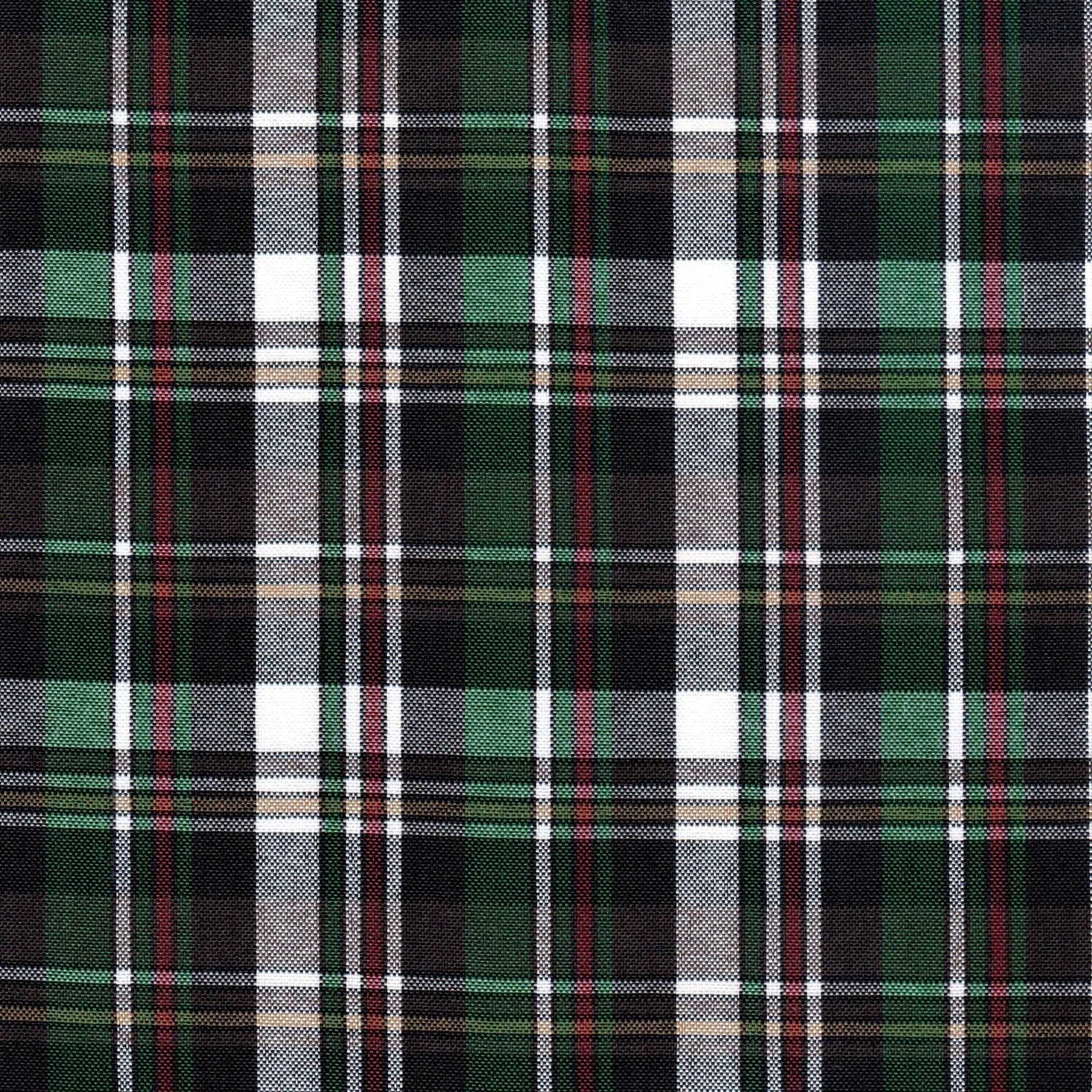 Tela escocesa de poliéster SchoolLine en verde, negro y rojo; ideal para uniformes escolares e institucionales.