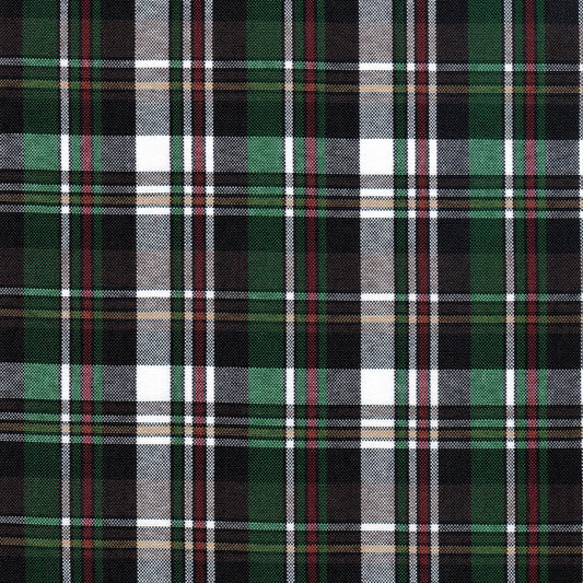Tela escocesa de poliéster SchoolLine en verde, negro y rojo; ideal para uniformes escolares e institucionales.
