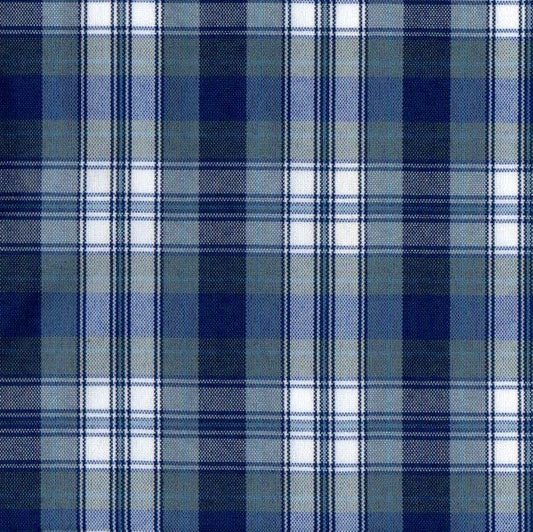 Tela escocesa de poliéster para uniforme SchoolLine, diseño a cuadros en azul marino, azul cielo y blanco.