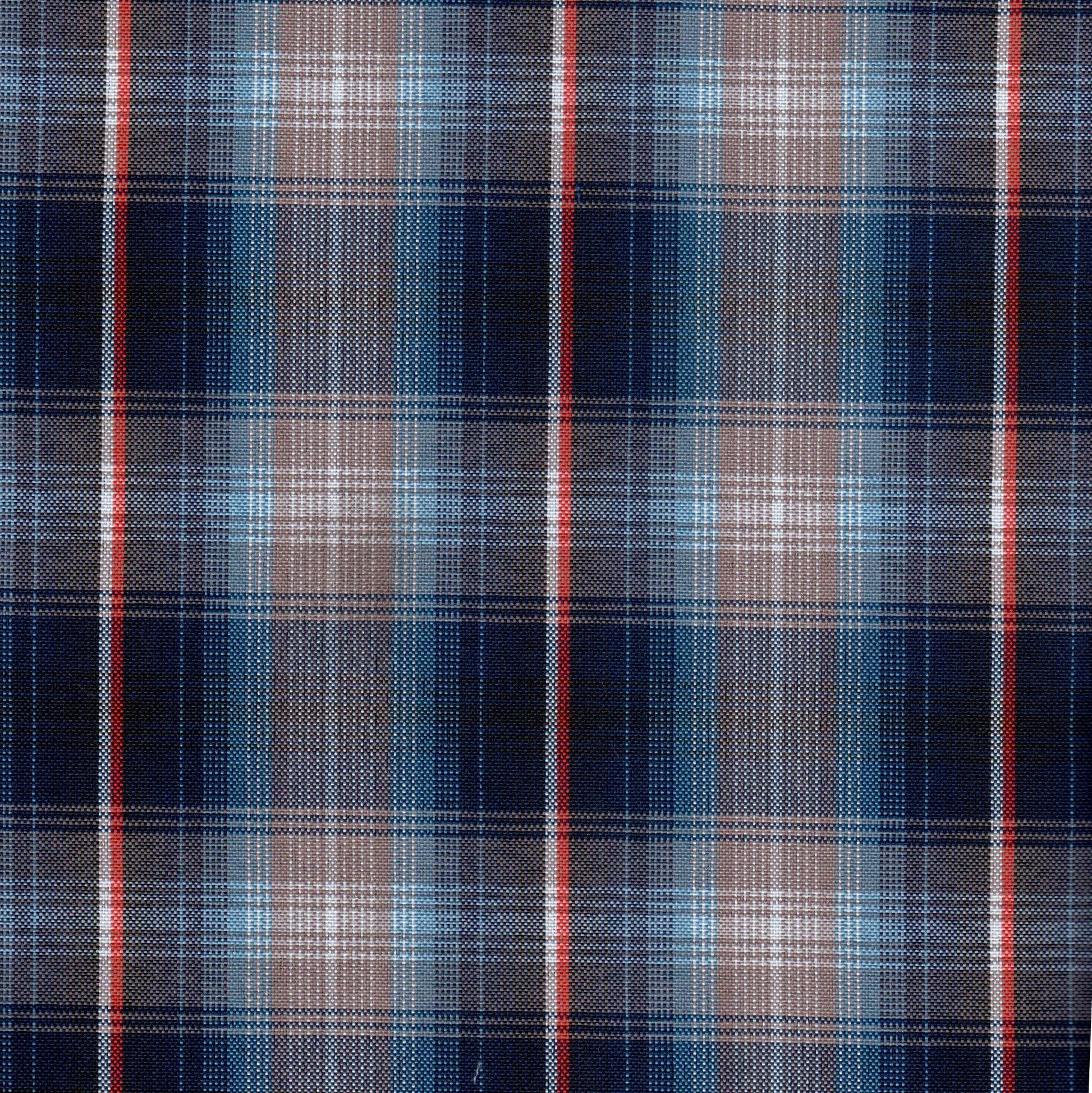 Tela escocesa de poliéster azul marino con cuadros azules y marrones y líneas rojas; ideal para uniformes escolares