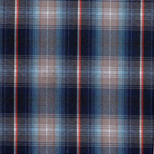 Tela escocesa de poliéster azul marino con cuadros azules y marrones y líneas rojas; ideal para uniformes escolares