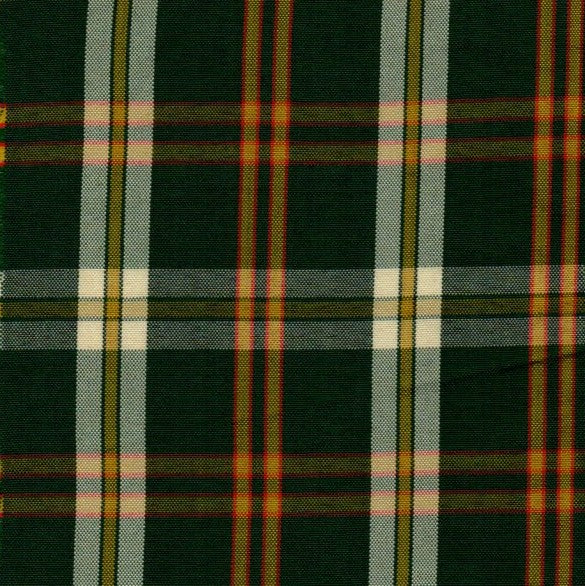 Tela escocesa de poliéster SchoolLine en verde oscuro con cuadros verde, blanco, amarillo y rojo para uniformes escolares.
