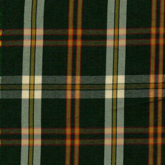 Tela escocesa de poliéster SchoolLine en verde oscuro con cuadros verde, blanco, amarillo y rojo para uniformes escolares.