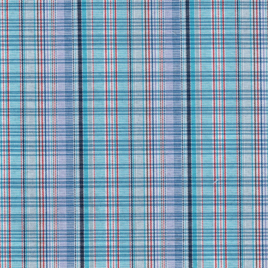 Tela escocesa de poliéster SchoolLine, azul turquesa con líneas rojas, perfecta para uniformes escolares e institucionales.